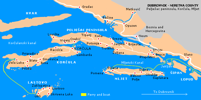 Mapa polostrova Pelješac